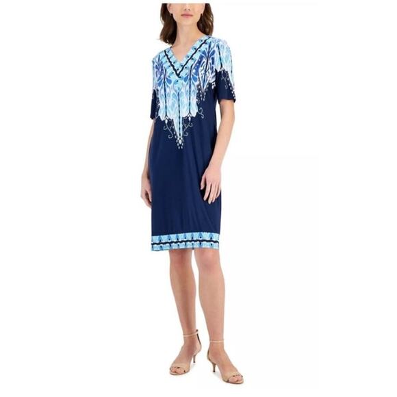 JM Collection Medallion Marvel Dress Intrepid Blue V Neck Short Sleeve Women's S - Picture 1 of 10